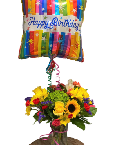<p>Celebrate a special birthday in style with a radiant bouquet paired with a joyful birthday balloon. With bold colors and fresh blooms, this arrangement captures all the excitement and warmth of a party in full swing.</p>
<p>Hand-selected for maximum cheer, this bouquet features a vibrant mix of seasonal flowers in bright, festive hues. Arranged with care and accompanied by a celebratory “Happy Birthday” balloon, it creates a complete birthday surprise sure to bring a smile from the moment it arrives.</p>
<p>Perfect for friends, family, or anyone deserving something extra special, this arrangement is an ideal way to send love, laughter, and well wishes all in one thoughtful gift.</p>
<p>Each arrangement is carefully handcrafted with attention to detail and made fresh to order. Same-day delivery ensures the gift arrives fresh, full of life, and ready to brighten their day.</p>
<p>You can add a personal message at checkout to make the surprise even more meaningful. This bouquet and balloon combination offers a joyful celebration that will be remembered long after the birthday has passed.</p>