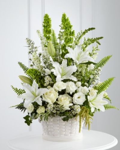 <p>Express heartfelt sympathy with this serene and elegant floral arrangement designed to offer comfort when words fall short. Featuring soft white blooms and fresh green accents, it conveys a message of peace, remembrance, and gentle support during times of loss.</p>
<p>This thoughtfully composed tribute includes white roses, tulips, freesia, Oriental lilies, double lisianthus, monte casino asters, and snapdragons. Bright green Bells of Ireland, trailing ivy vines, and an assortment of lush greens provide natural contrast and height, adding life and hope to the arrangement. The flowers are artfully arranged in a large round whitewash basket, making it a fitting choice for memorial services, funerals, or for sending directly to a loved one’s home.</p>
<p>Ideal for honoring a cherished individual, supporting grieving families, or offering a quiet reminder that they are not alone, this arrangement’s peaceful colors and graceful textures bring calm and care to any space. It serves as a lasting symbol of compassion and remembrance.</p>
<p>Each arrangement is carefully handcrafted and delivered with attention and respect to ensure it arrives fresh and ready to provide comfort. The easy-to-care-for design ensures it remains a soothing presence that continues to express your deepest condolences long after the initial gesture.</p>
<p>Add a personal message during checkout to share your thoughts and heartfelt sympathy in a meaningful way. This arrangement offers more than flowers—it provides comfort, connection, and a lasting expression of care when it is needed most.</p>